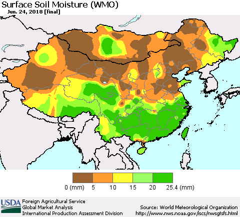 China, Mongolia and Taiwan Surface Soil Moisture (WMO) Thematic Map For 6/18/2018 - 6/24/2018