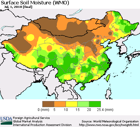 China, Mongolia and Taiwan Surface Soil Moisture (WMO) Thematic Map For 6/25/2018 - 7/1/2018