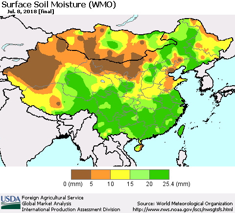 China, Mongolia and Taiwan Surface Soil Moisture (WMO) Thematic Map For 7/2/2018 - 7/8/2018
