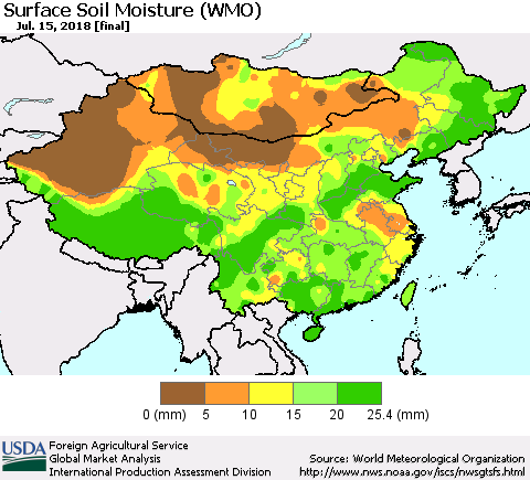 China, Mongolia and Taiwan Surface Soil Moisture (WMO) Thematic Map For 7/9/2018 - 7/15/2018