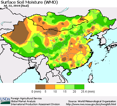 China, Mongolia and Taiwan Surface Soil Moisture (WMO) Thematic Map For 7/16/2018 - 7/22/2018
