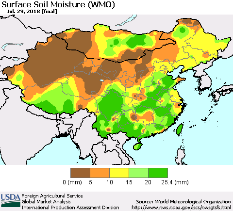 China, Mongolia and Taiwan Surface Soil Moisture (WMO) Thematic Map For 7/23/2018 - 7/29/2018