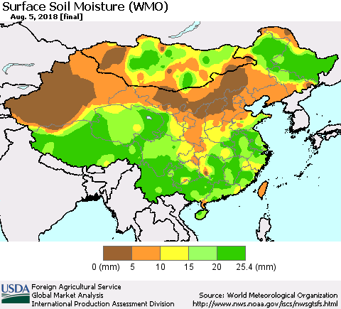 China, Mongolia and Taiwan Surface Soil Moisture (WMO) Thematic Map For 7/30/2018 - 8/5/2018
