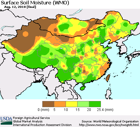 China, Mongolia and Taiwan Surface Soil Moisture (WMO) Thematic Map For 8/6/2018 - 8/12/2018