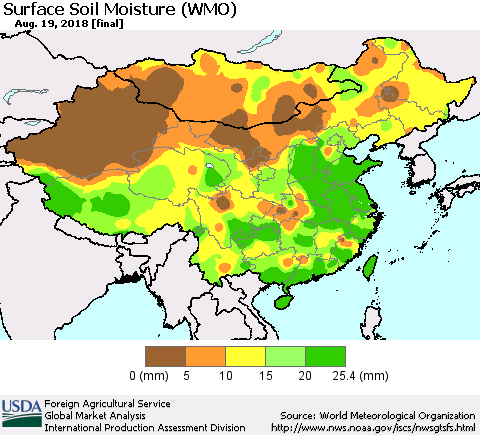 China, Mongolia and Taiwan Surface Soil Moisture (WMO) Thematic Map For 8/13/2018 - 8/19/2018