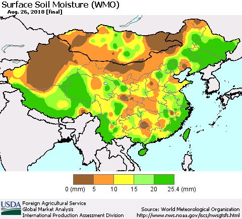 China, Mongolia and Taiwan Surface Soil Moisture (WMO) Thematic Map For 8/20/2018 - 8/26/2018