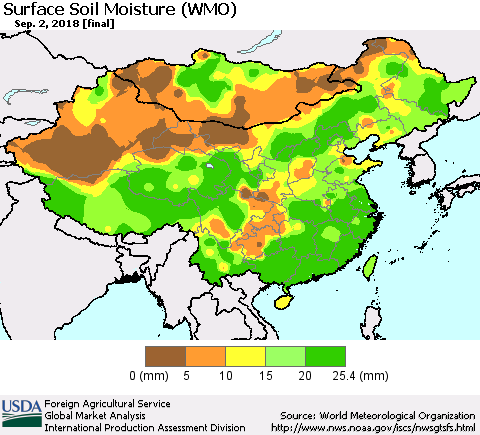 China, Mongolia and Taiwan Surface Soil Moisture (WMO) Thematic Map For 8/27/2018 - 9/2/2018