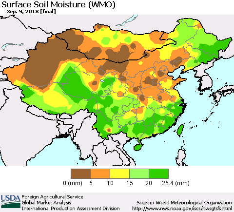 China and Taiwan Surface Soil Moisture (WMO) Thematic Map For 9/3/2018 - 9/9/2018