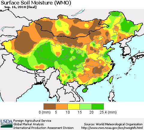China and Taiwan Surface Soil Moisture (WMO) Thematic Map For 9/10/2018 - 9/16/2018