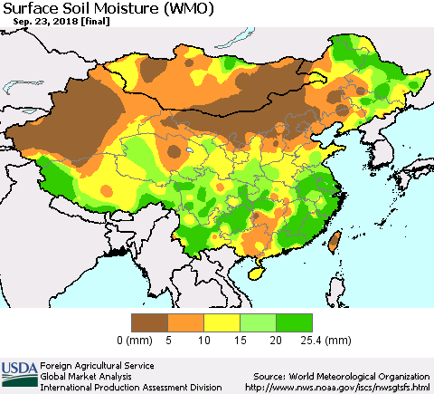 China and Taiwan Surface Soil Moisture (WMO) Thematic Map For 9/17/2018 - 9/23/2018