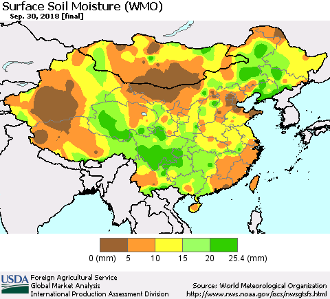 China and Taiwan Surface Soil Moisture (WMO) Thematic Map For 9/24/2018 - 9/30/2018