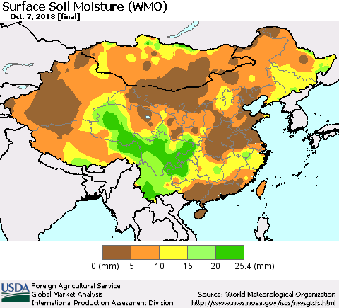 China and Taiwan Surface Soil Moisture (WMO) Thematic Map For 10/1/2018 - 10/7/2018