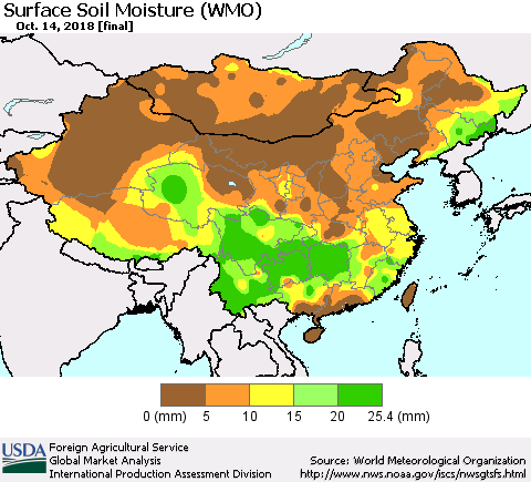 China and Taiwan Surface Soil Moisture (WMO) Thematic Map For 10/8/2018 - 10/14/2018