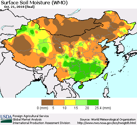 China and Taiwan Surface Soil Moisture (WMO) Thematic Map For 10/15/2018 - 10/21/2018