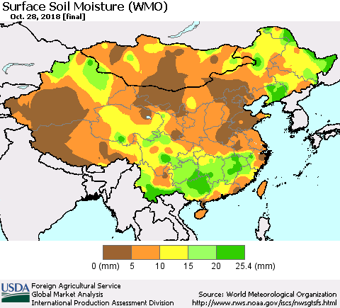 China and Taiwan Surface Soil Moisture (WMO) Thematic Map For 10/22/2018 - 10/28/2018