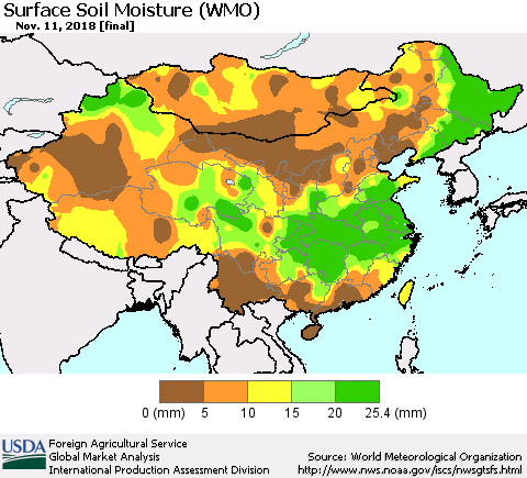China and Taiwan Surface Soil Moisture (WMO) Thematic Map For 11/5/2018 - 11/11/2018