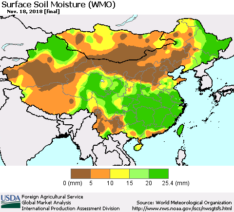 China and Taiwan Surface Soil Moisture (WMO) Thematic Map For 11/12/2018 - 11/18/2018