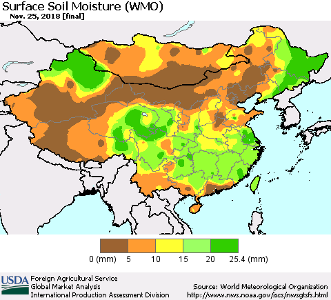 China and Taiwan Surface Soil Moisture (WMO) Thematic Map For 11/19/2018 - 11/25/2018