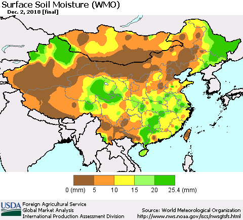 China, Mongolia and Taiwan Surface Soil Moisture (WMO) Thematic Map For 11/26/2018 - 12/2/2018