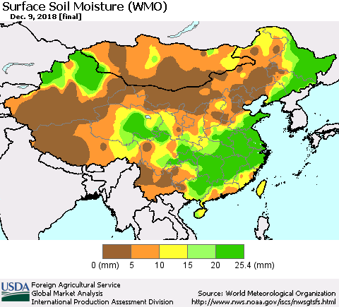 China, Mongolia and Taiwan Surface Soil Moisture (WMO) Thematic Map For 12/3/2018 - 12/9/2018