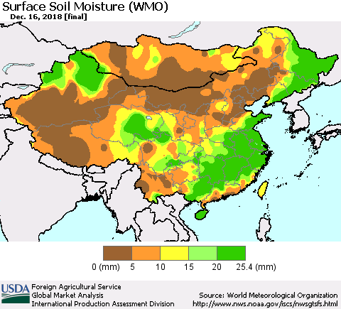 China and Taiwan Surface Soil Moisture (WMO) Thematic Map For 12/10/2018 - 12/16/2018