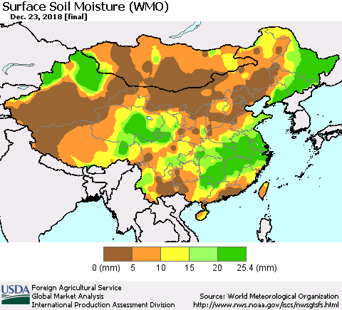China and Taiwan Surface Soil Moisture (WMO) Thematic Map For 12/17/2018 - 12/23/2018