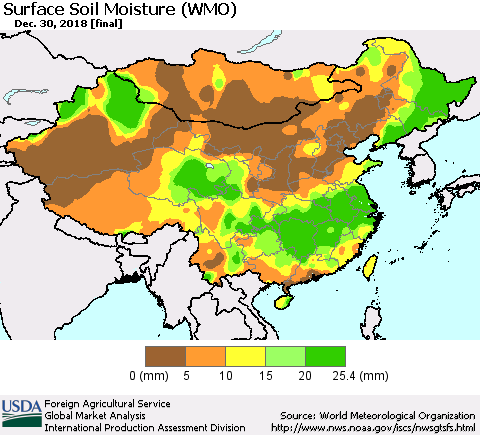 China, Mongolia and Taiwan Surface Soil Moisture (WMO) Thematic Map For 12/24/2018 - 12/30/2018