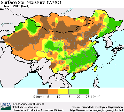 China and Taiwan Surface Soil Moisture (WMO) Thematic Map For 12/31/2018 - 1/6/2019