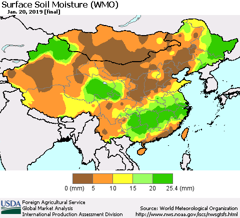 China and Taiwan Surface Soil Moisture (WMO) Thematic Map For 1/14/2019 - 1/20/2019