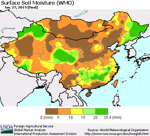 China and Taiwan Surface Soil Moisture (WMO) Thematic Map For 1/21/2019 - 1/27/2019