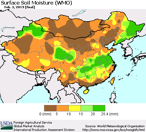 China and Taiwan Surface Soil Moisture (WMO) Thematic Map For 1/28/2019 - 2/3/2019