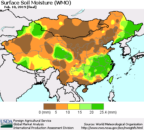 China and Taiwan Surface Soil Moisture (WMO) Thematic Map For 2/4/2019 - 2/10/2019