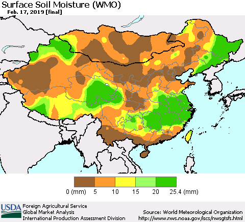 China and Taiwan Surface Soil Moisture (WMO) Thematic Map For 2/11/2019 - 2/17/2019