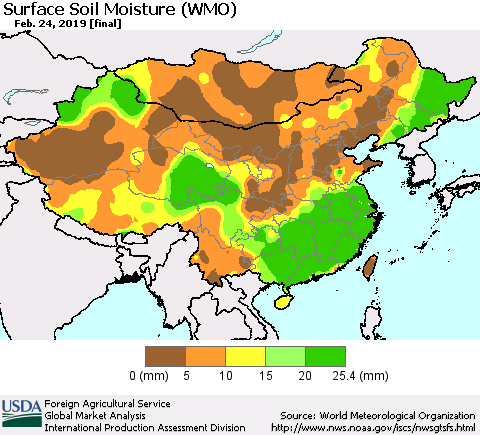 China, Mongolia and Taiwan Surface Soil Moisture (WMO) Thematic Map For 2/18/2019 - 2/24/2019