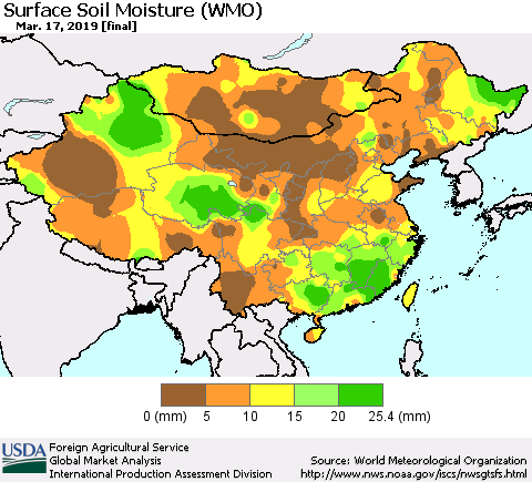 China and Taiwan Surface Soil Moisture (WMO) Thematic Map For 3/11/2019 - 3/17/2019