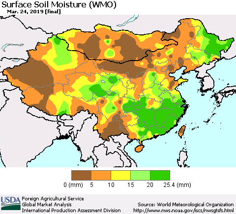 China and Taiwan Surface Soil Moisture (WMO) Thematic Map For 3/18/2019 - 3/24/2019