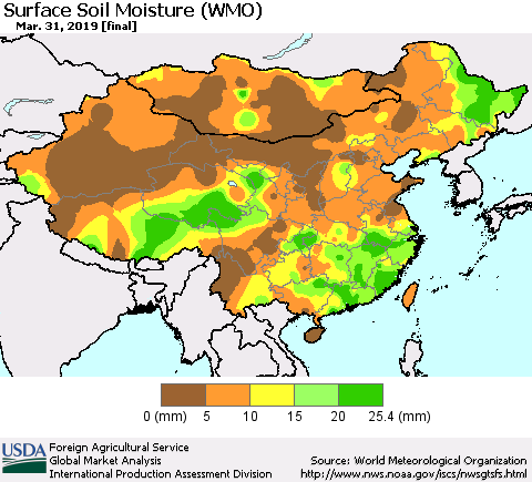 China and Taiwan Surface Soil Moisture (WMO) Thematic Map For 3/25/2019 - 3/31/2019