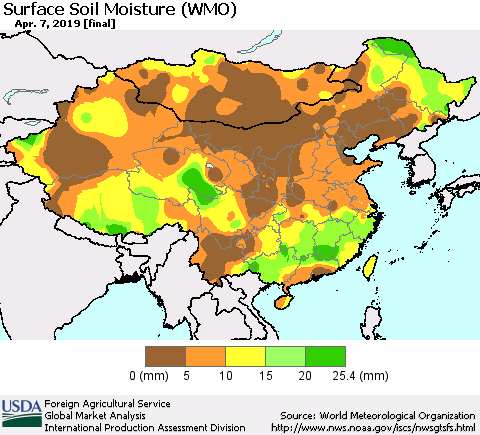 China and Taiwan Surface Soil Moisture (WMO) Thematic Map For 4/1/2019 - 4/7/2019