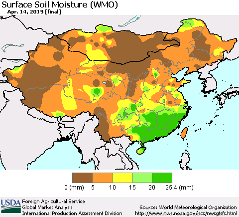 China and Taiwan Surface Soil Moisture (WMO) Thematic Map For 4/8/2019 - 4/14/2019