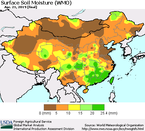 China and Taiwan Surface Soil Moisture (WMO) Thematic Map For 4/15/2019 - 4/21/2019