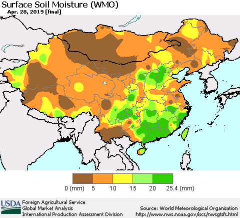 China, Mongolia and Taiwan Surface Soil Moisture (WMO) Thematic Map For 4/22/2019 - 4/28/2019