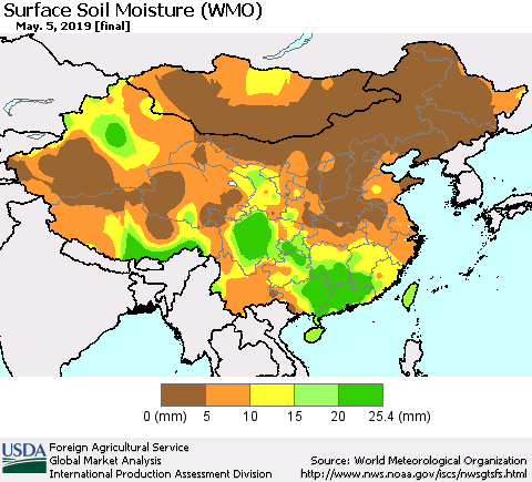 China and Taiwan Surface Soil Moisture (WMO) Thematic Map For 4/29/2019 - 5/5/2019
