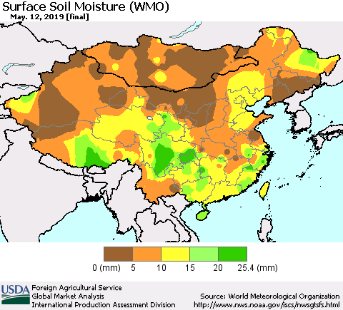 China and Taiwan Surface Soil Moisture (WMO) Thematic Map For 5/6/2019 - 5/12/2019