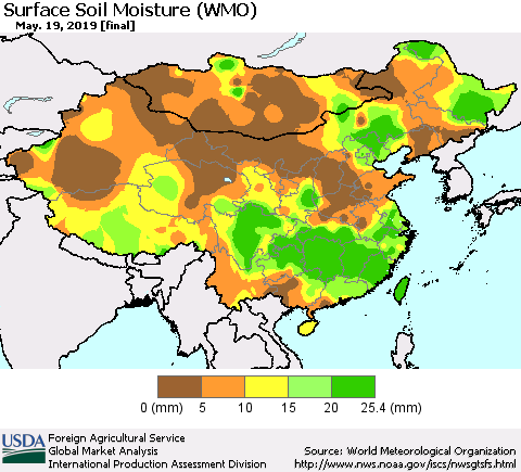 China and Taiwan Surface Soil Moisture (WMO) Thematic Map For 5/13/2019 - 5/19/2019