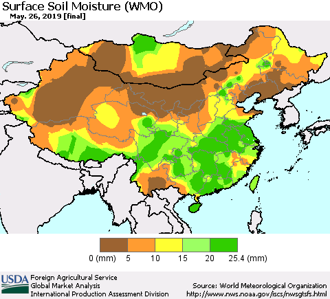 China and Taiwan Surface Soil Moisture (WMO) Thematic Map For 5/20/2019 - 5/26/2019