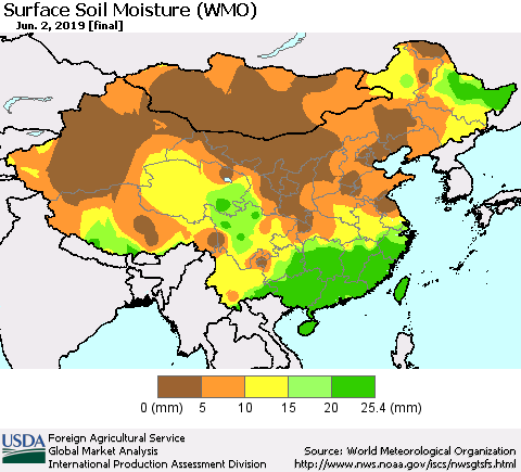 China and Taiwan Surface Soil Moisture (WMO) Thematic Map For 5/27/2019 - 6/2/2019
