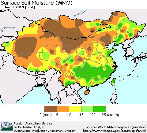 China, Mongolia and Taiwan Surface Soil Moisture (WMO) Thematic Map For 6/3/2019 - 6/9/2019
