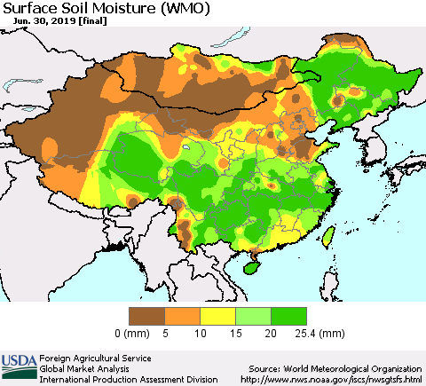 China and Taiwan Surface Soil Moisture (WMO) Thematic Map For 6/24/2019 - 6/30/2019