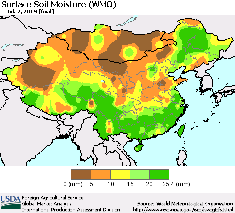 China and Taiwan Surface Soil Moisture (WMO) Thematic Map For 7/1/2019 - 7/7/2019