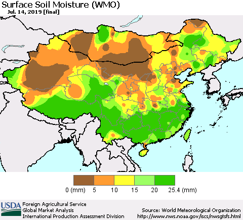 China and Taiwan Surface Soil Moisture (WMO) Thematic Map For 7/8/2019 - 7/14/2019